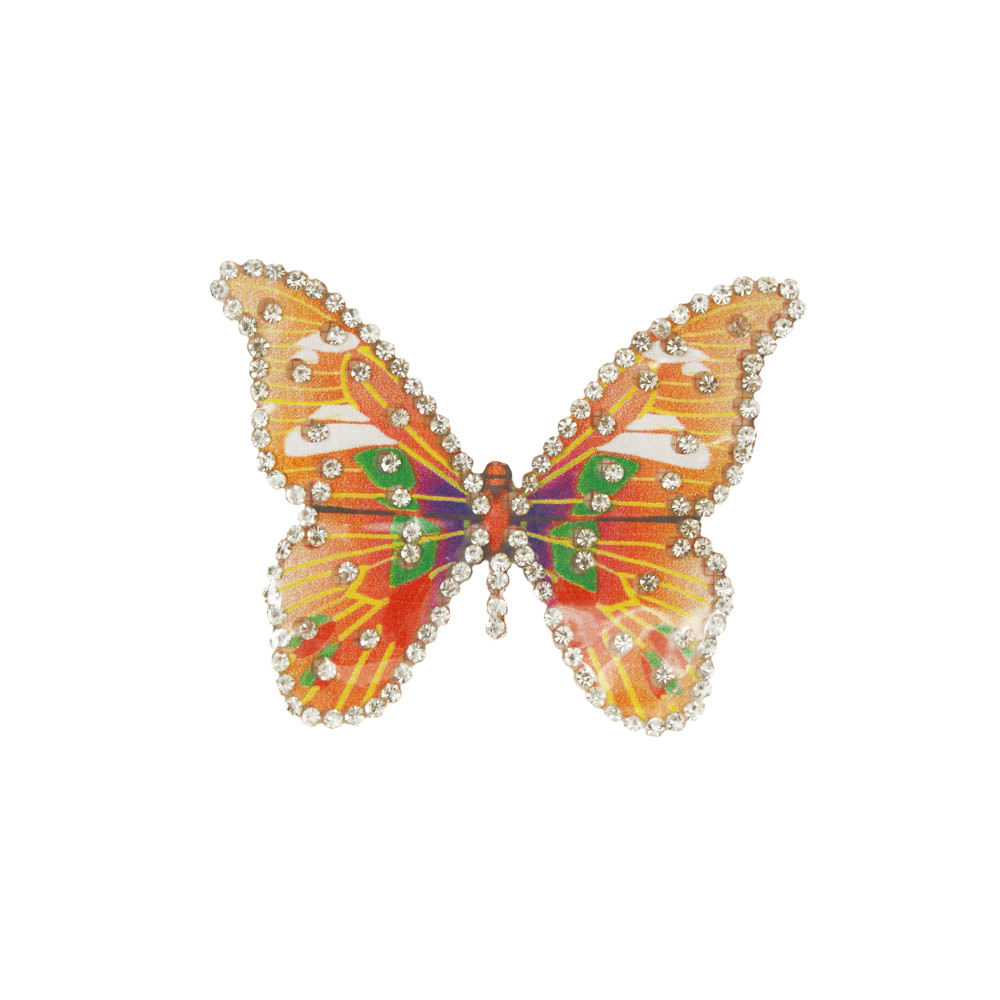 Аппликация клеевая кожзам стразы Бабочка Оранжево-зеленая 6,7*5см белые камни, шт. Аппликации, нашивки