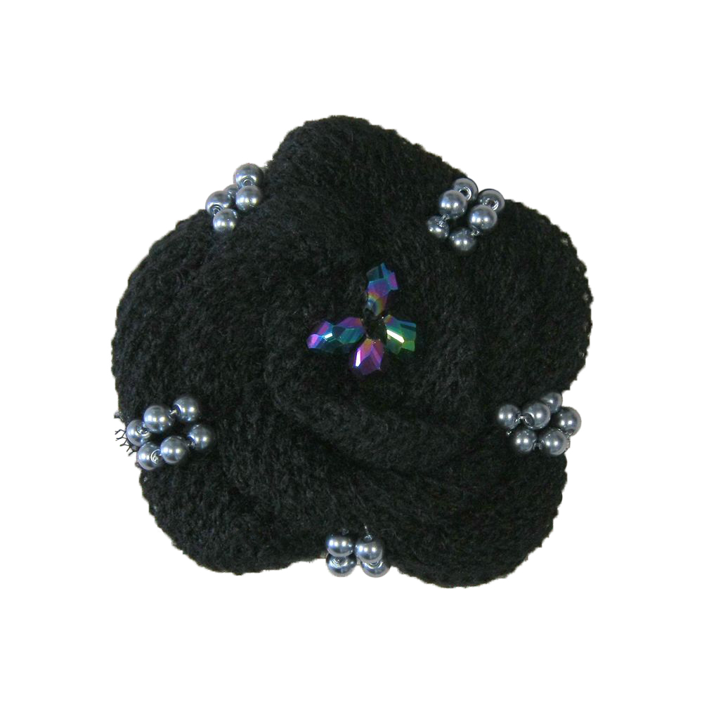 Аппликация декор обувная 35 цветок вязаный черный, 4 цветн. камня Глаз, бисер, шт. Аппликации, нашивки